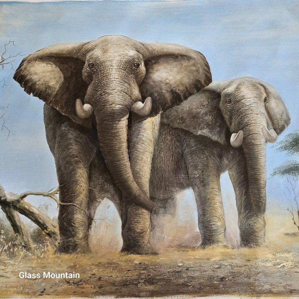 Vintage African Mother Elephant & Calf Giclee Print On Canvas Unframed Artwork